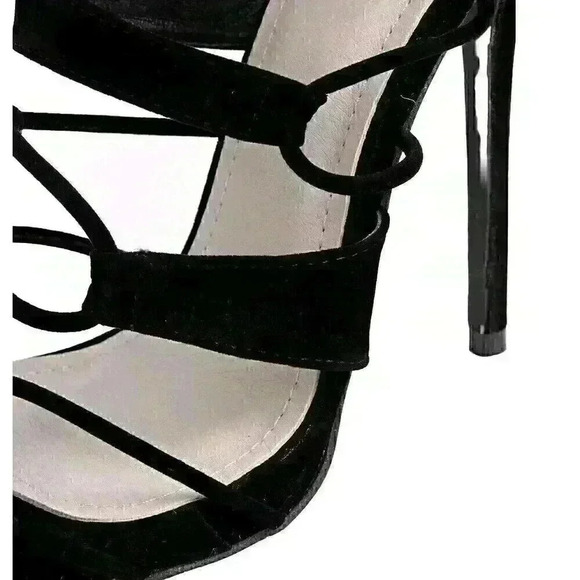 NEW NIB Boohoo Orla Multi Strap Black Faux Suede Cage Stiletto Heels Sandals - Picture 3 of 4